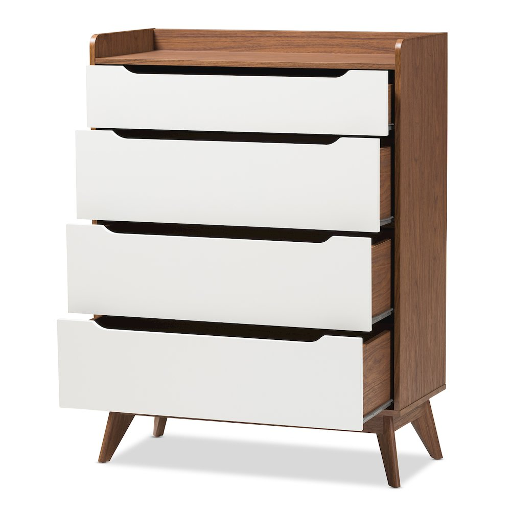 Brighton Mid-Century Modern White and Walnut Wood 4-Drawer Storage Chest