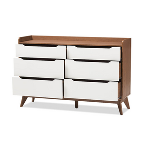 Brighton Mid-Century Modern White and Walnut Wood 6-Drawer Storage Dresser