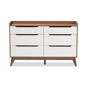 Brighton Mid-Century Modern White and Walnut Wood 6-Drawer Storage Dresser