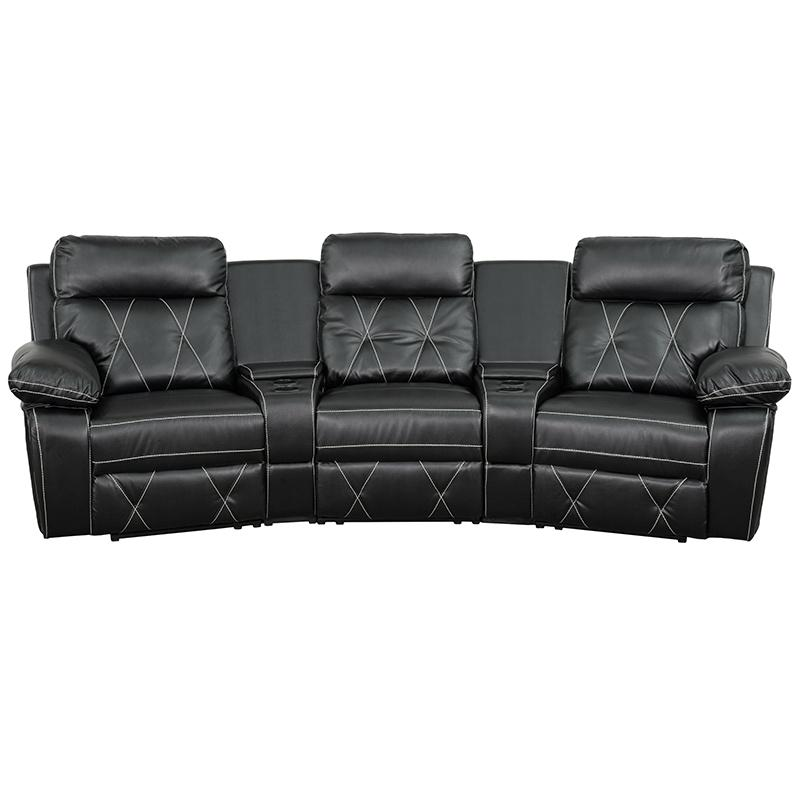 Reel Comfort Series 3-Seat Reclining Black LeatherSoft Theater Seating Unit with Curved Cup Holders